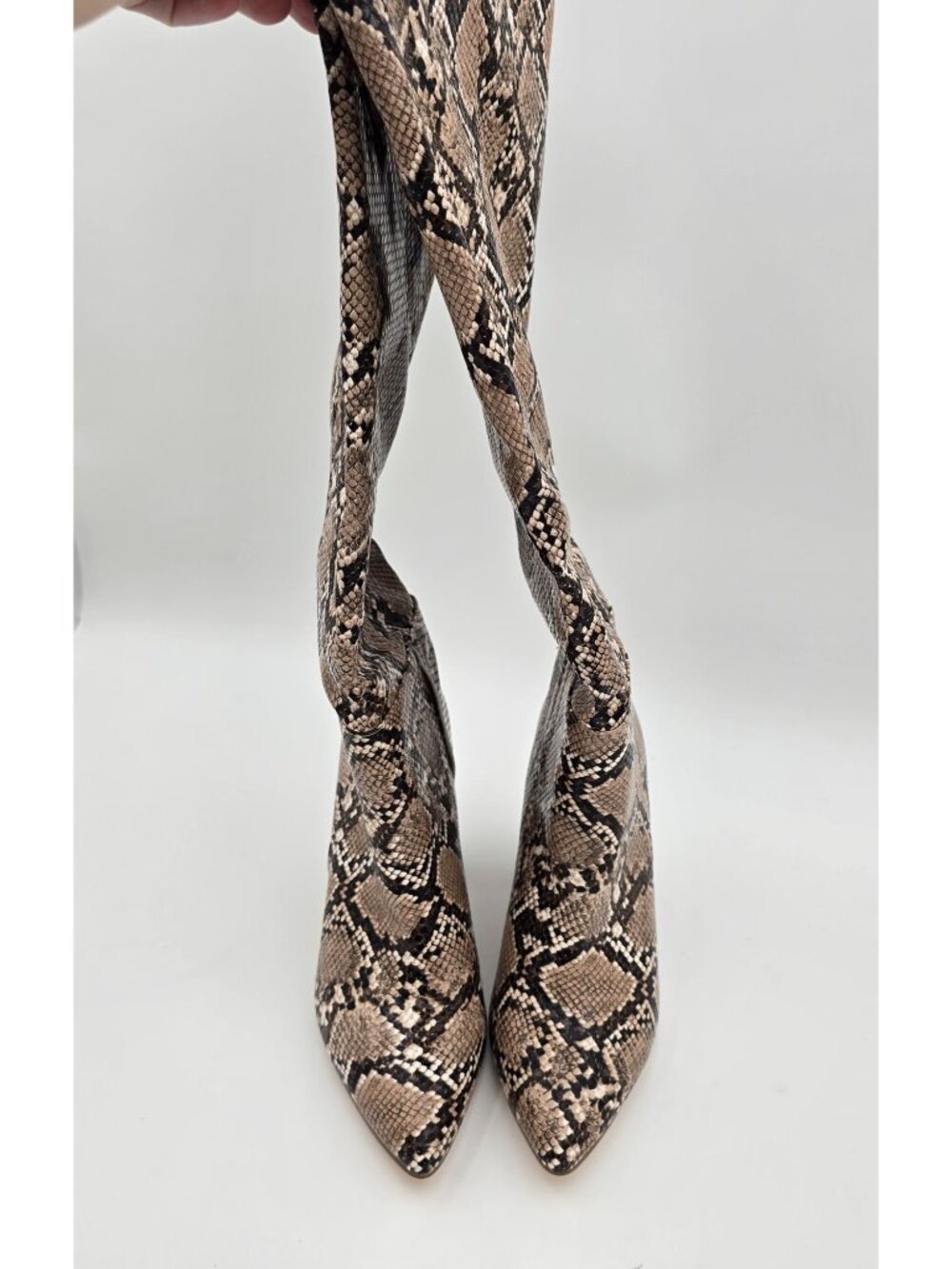 Snake Print Womens Knee-High Boots Size Unknown Brown Faux Leather Block Heel - Picture 3 of 8